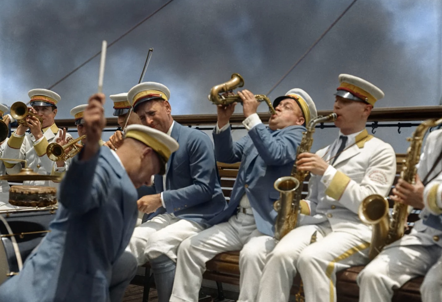 An Orchestra jamming away on the ocean liner 'SS Leviathan', somewhere over the Atlantic in the year 1926 